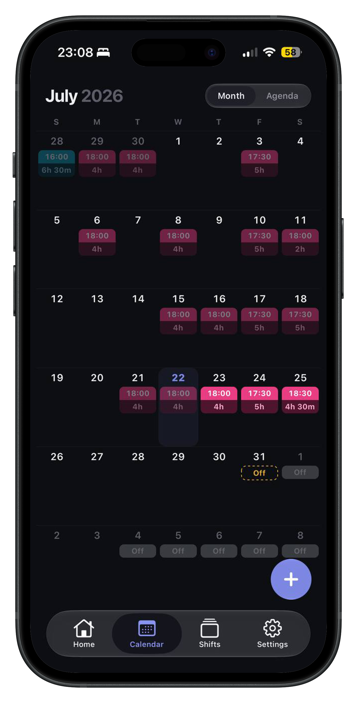 Month calendar of colour-coded shifts