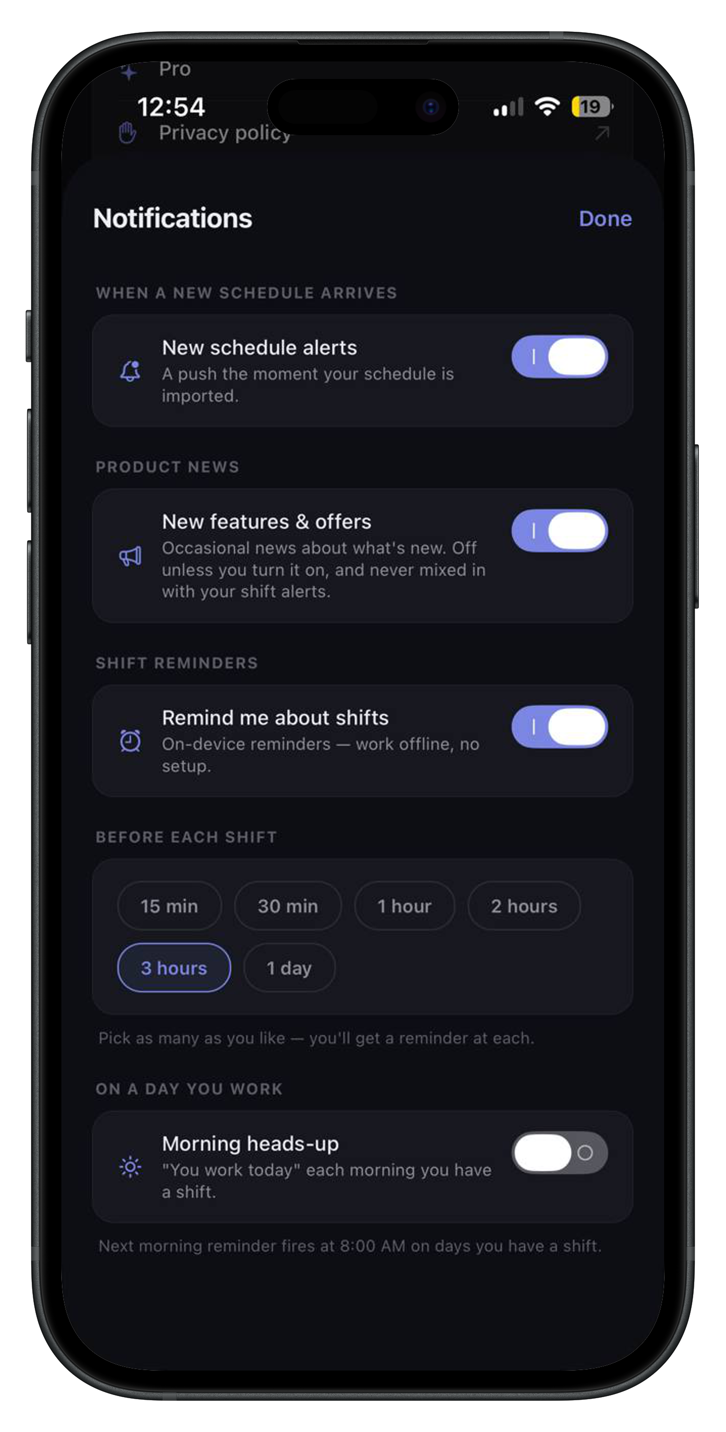 Agenda view of upcoming shifts and time off